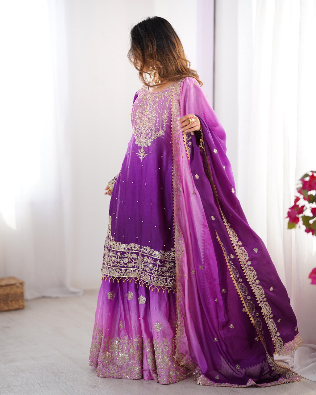 Elegant Chinon Silk Top with Coding Dori Sequin and Rivet Moti Work Plazzo Suit - Jaipuri Vastra