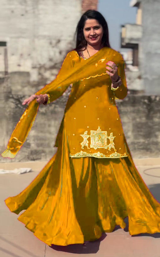 Stylish Natural Crepe Silk Kurti Lehenga Outfit with Soft Net Dupatta and Intricate Embroidery