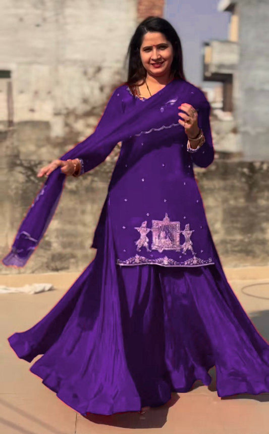 Stylish Natural Crepe Silk Kurti Lehenga Outfit with Soft Net Dupatta and Intricate Embroidery