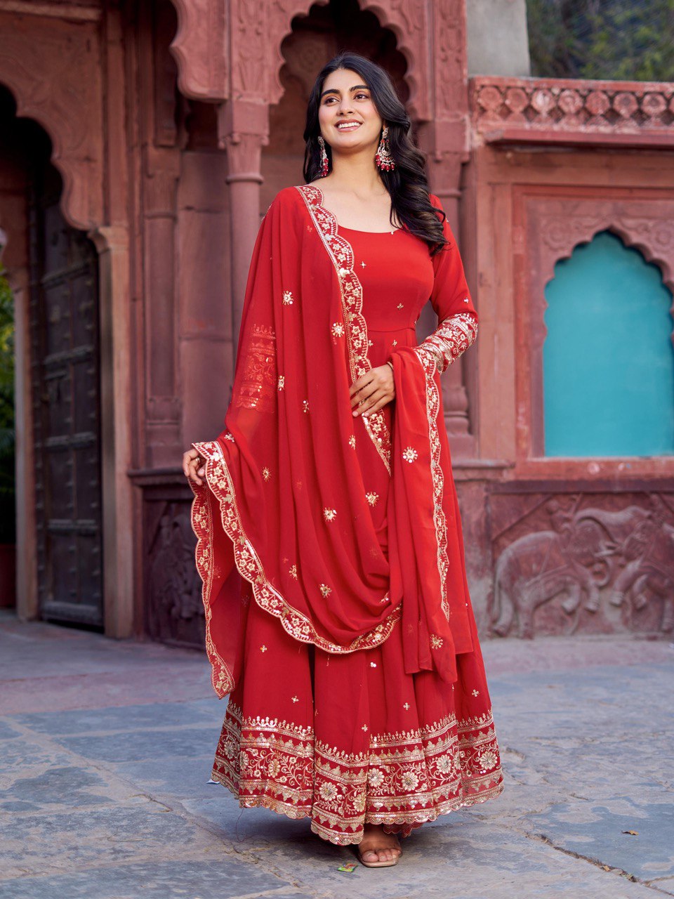 Faux Georgette Gown with Full Thread and Sequin Work Front and Back, Pant and Dupatta Set - Jaipuri Vastra