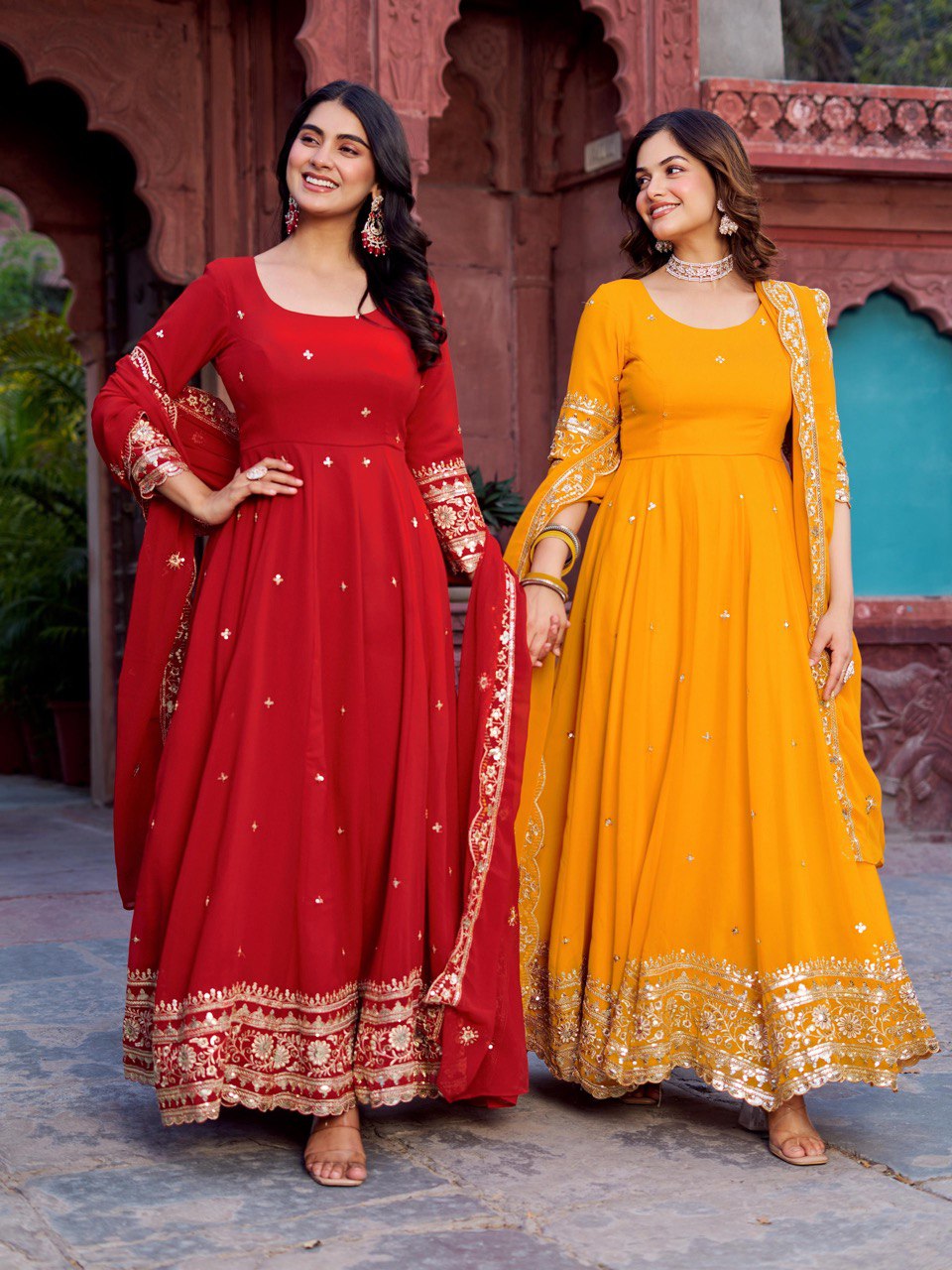 Faux Georgette Gown with Full Thread and Sequin Work Front and Back, Pant and Dupatta Set - Jaipuri Vastra