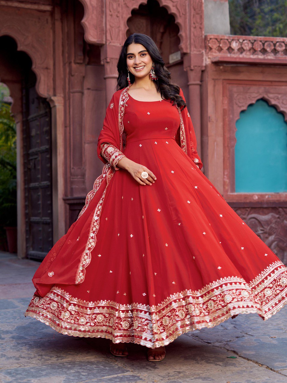 Faux Georgette Gown with Full Thread and Sequin Work Front and Back, Pant and Dupatta Set - Jaipuri Vastra