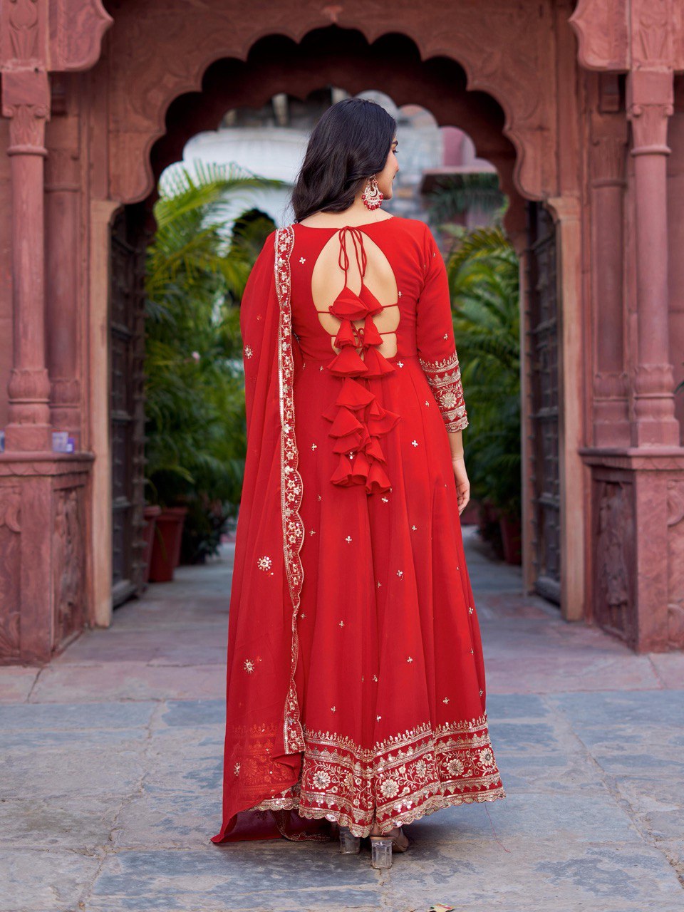 Faux Georgette Gown with Full Thread and Sequin Work Front and Back, Pant and Dupatta Set - Jaipuri Vastra