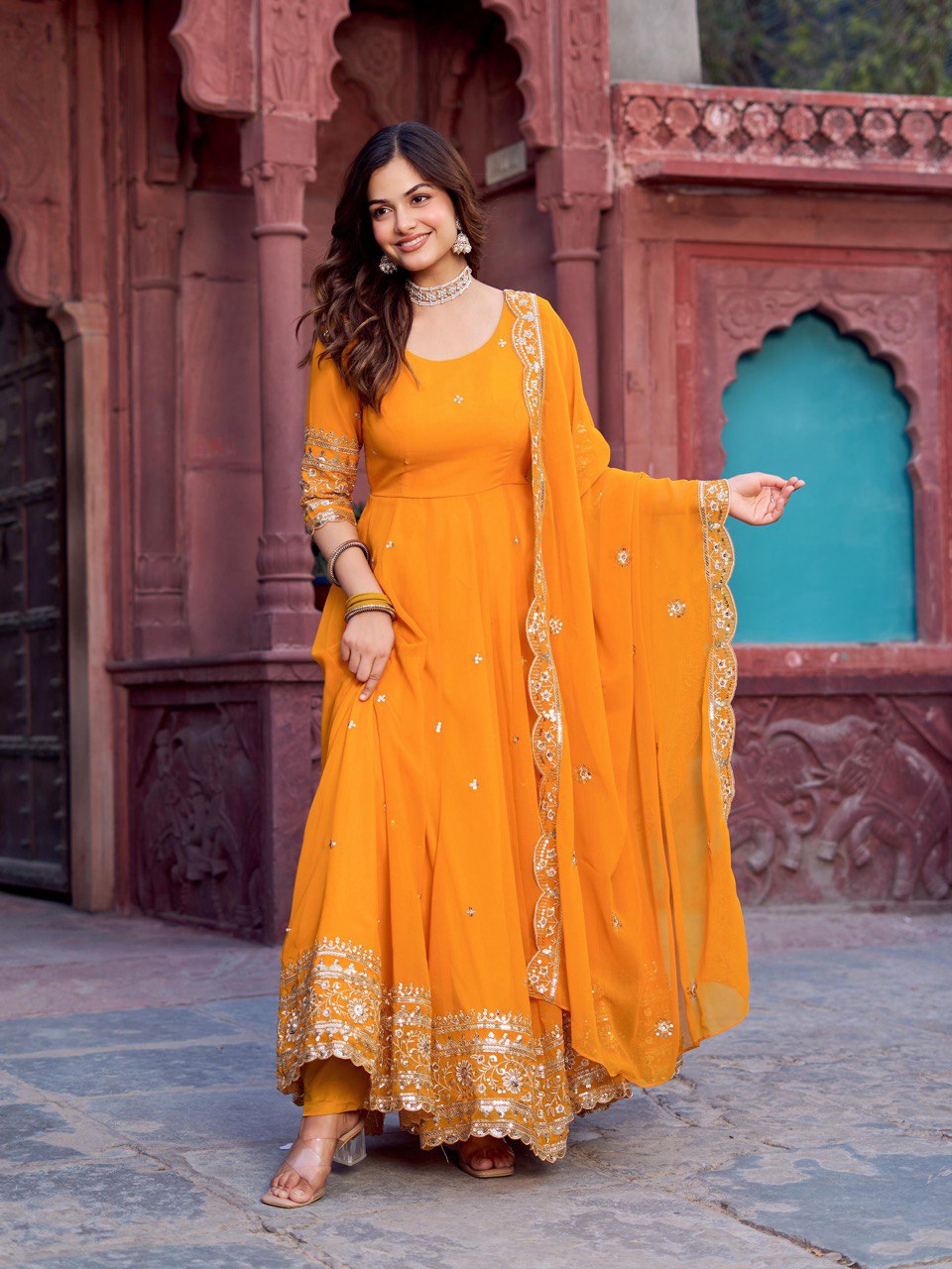 Faux Georgette Gown with Full Thread and Sequin Work Front and Back, Pant and Dupatta Set - Jaipuri Vastra