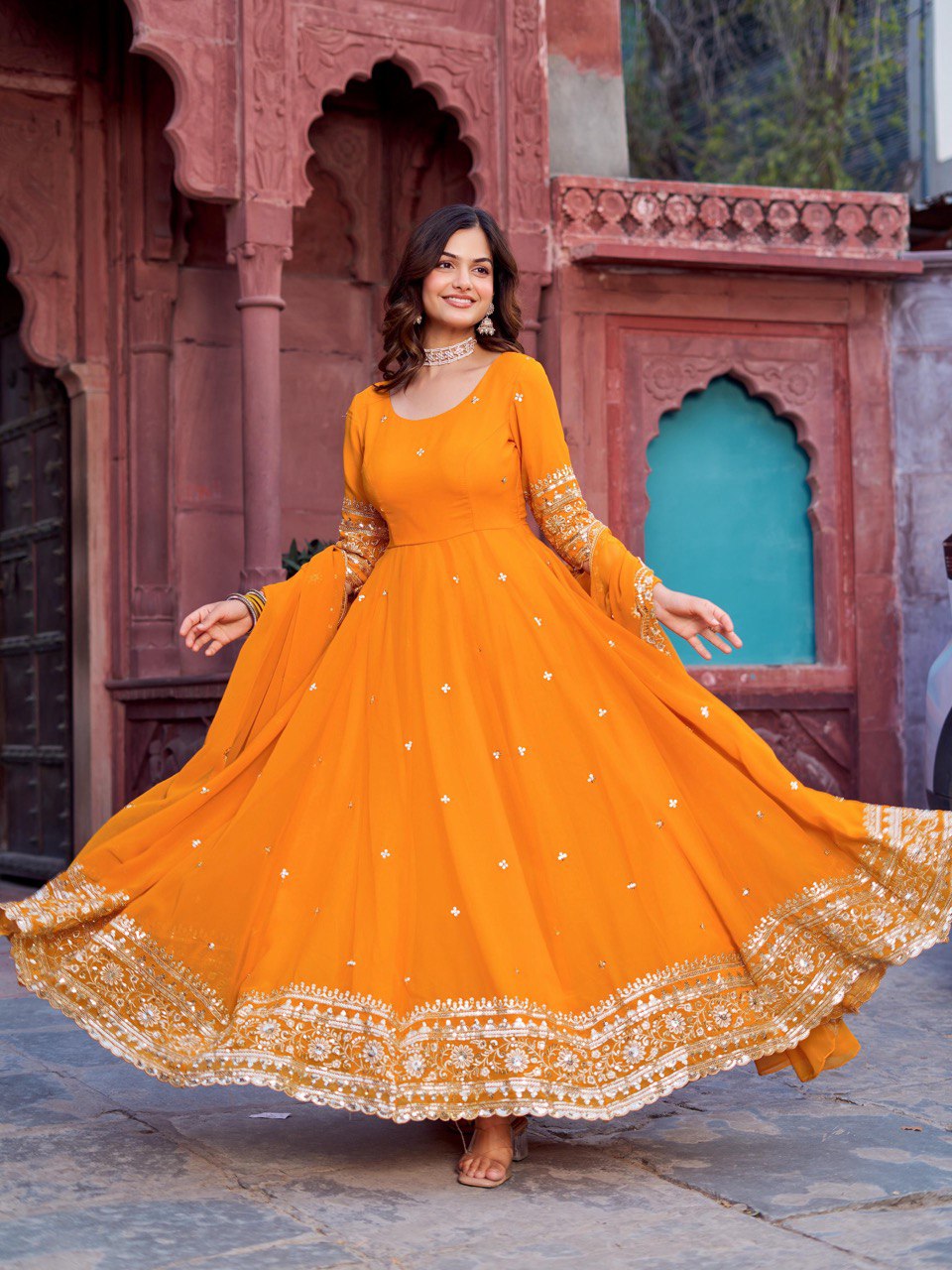 Faux Georgette Gown with Full Thread and Sequin Work Front and Back, Pant and Dupatta Set - Jaipuri Vastra