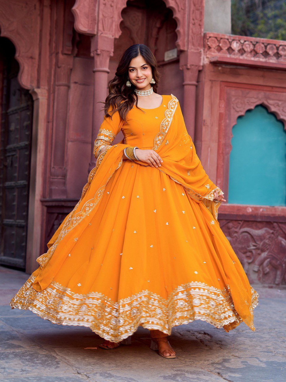 Faux Georgette Gown with Full Thread and Sequin Work Front and Back, Pant and Dupatta Set - Jaipuri Vastra