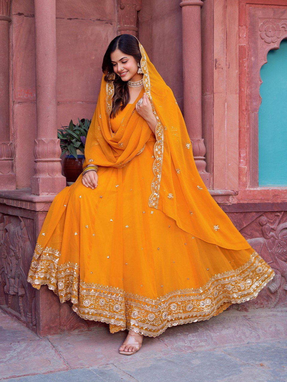 Faux Georgette Gown with Full Thread and Sequin Work Front and Back, Pant and Dupatta Set - Jaipuri Vastra