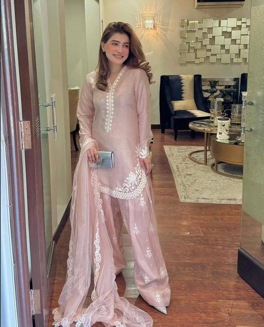 Elegant Three Piece Set in Pure Natural Crepe Silk with Embroidered Full Sleeve Top and Farshi Pant