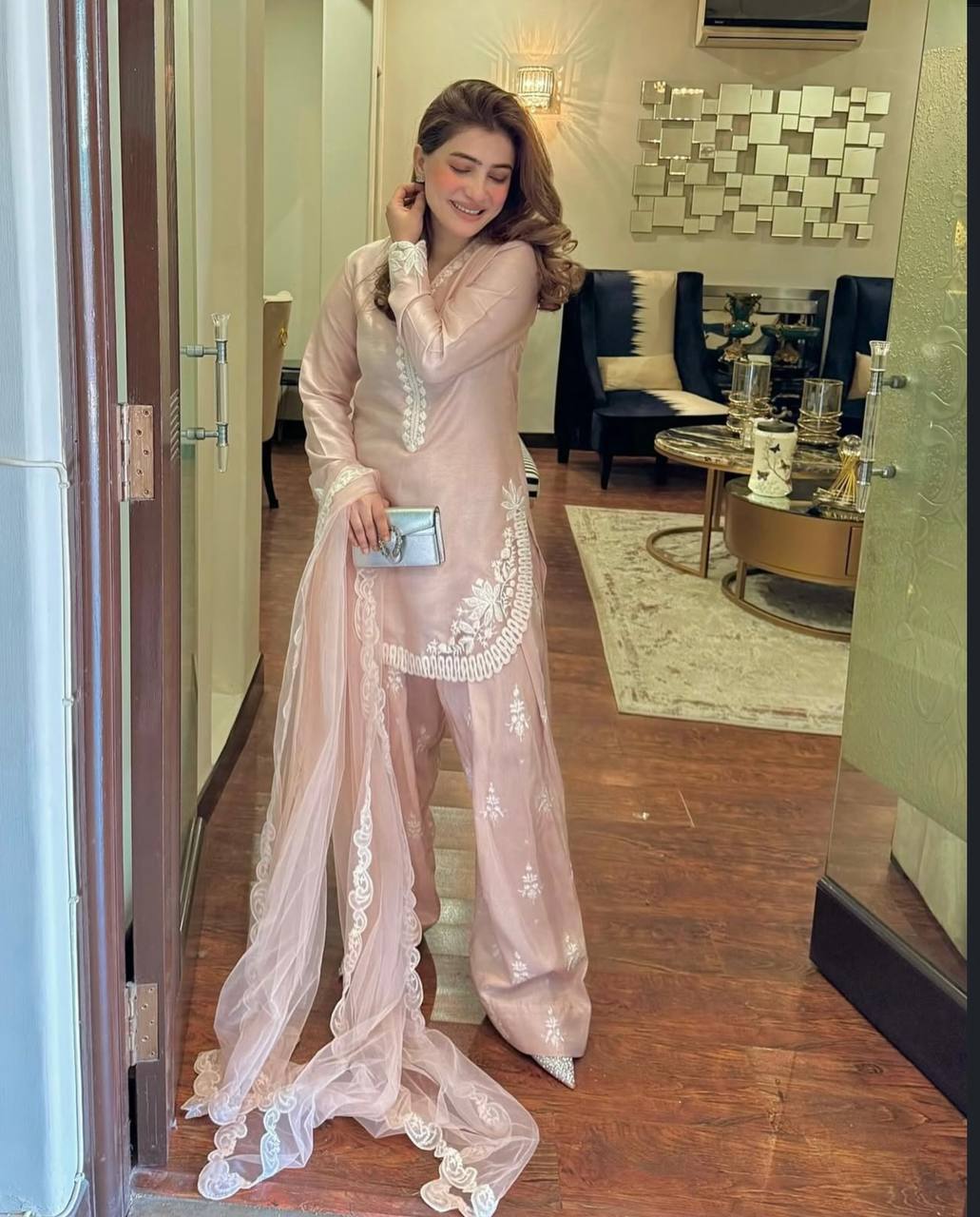Elegant Three Piece Set in Pure Natural Crepe Silk with Embroidered Full Sleeve Top and Farshi Pant