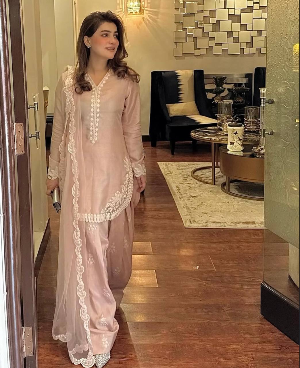 Elegant Three Piece Set in Pure Natural Crepe Silk with Embroidered Full Sleeve Top and Farshi Pant