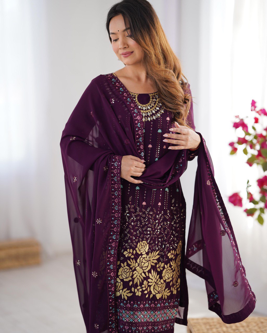 Premium Faux Georgette Top and Pant Set with Thread and Mirror Embroidery with Dupatta - Jaipuri Vastra