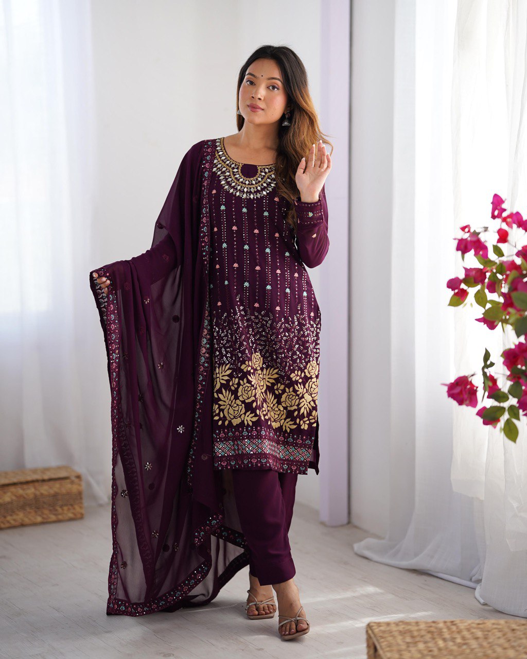 Premium Faux Georgette Top and Pant Set with Thread and Mirror Embroidery with Dupatta - Jaipuri Vastra