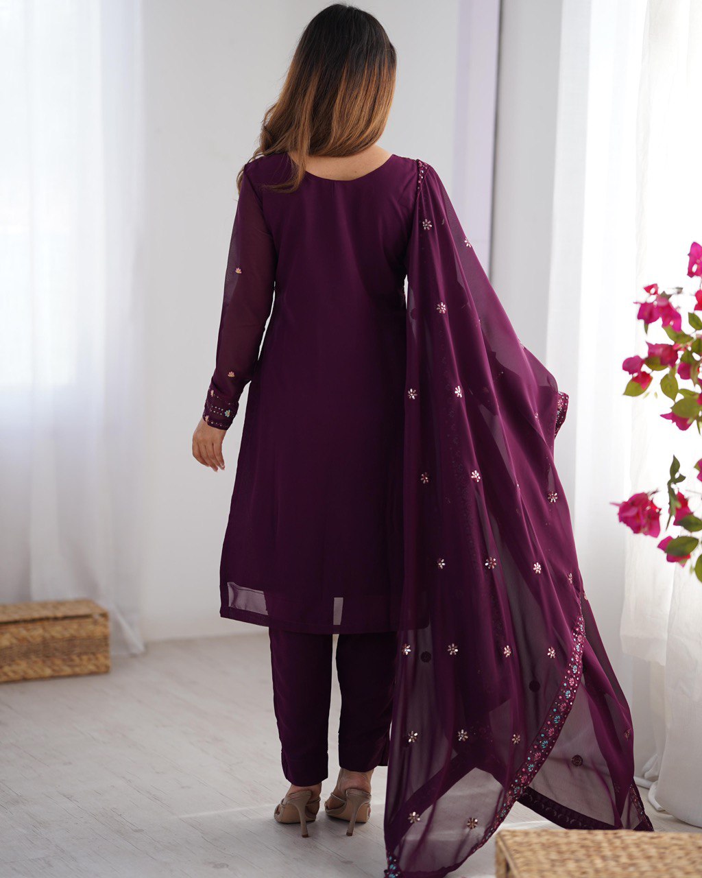 Premium Faux Georgette Top and Pant Set with Thread and Mirror Embroidery with Dupatta - Jaipuri Vastra