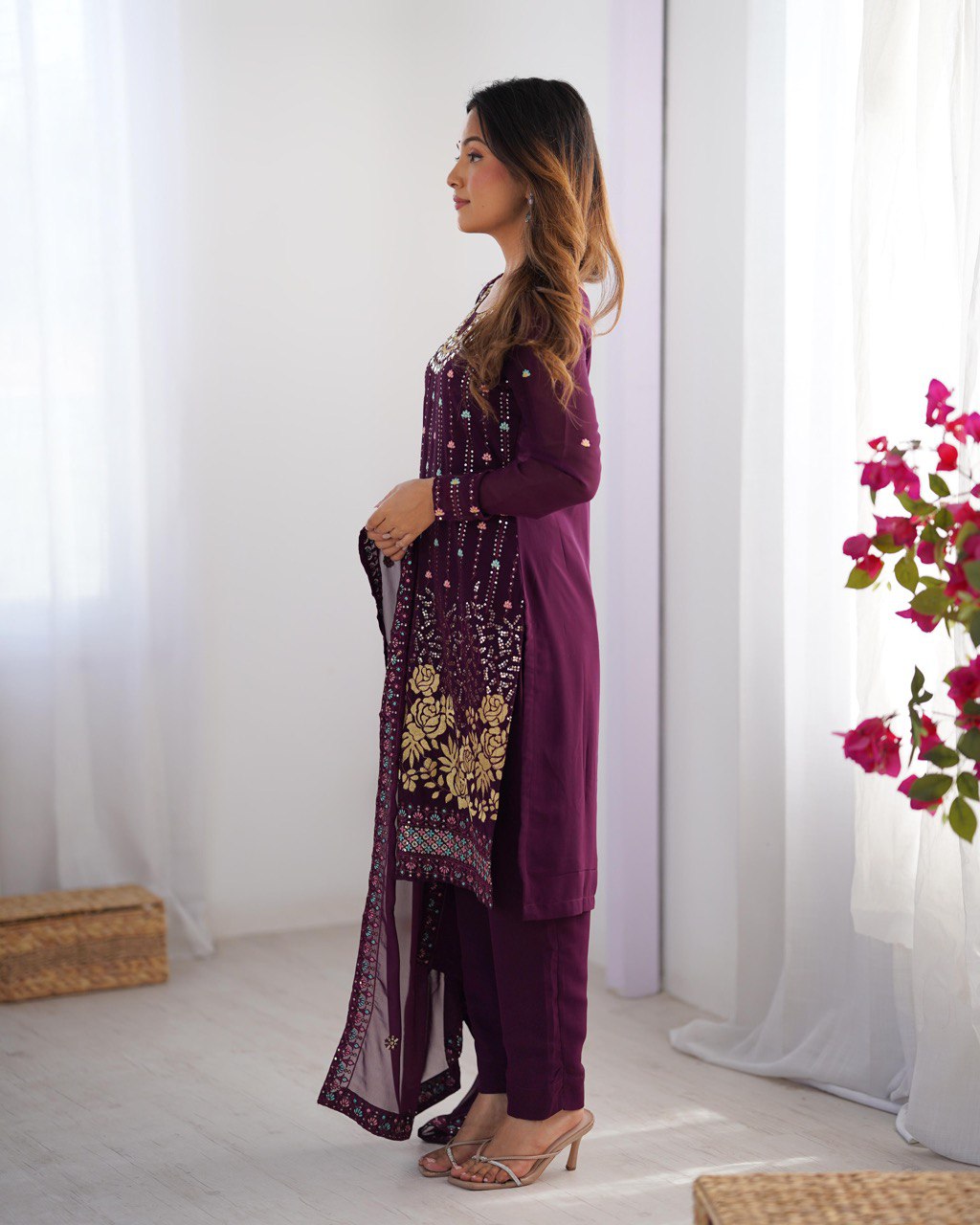 Premium Faux Georgette Top and Pant Set with Thread and Mirror Embroidery with Dupatta - Jaipuri Vastra