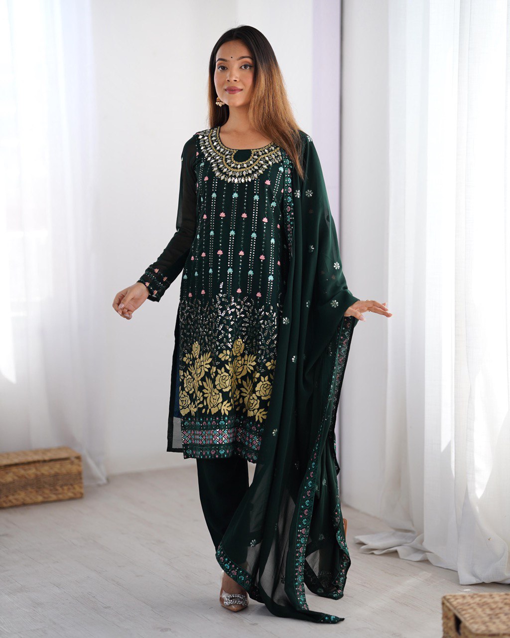 Premium Faux Georgette Top and Pant Set with Thread and Mirror Embroidery with Dupatta - Jaipuri Vastra