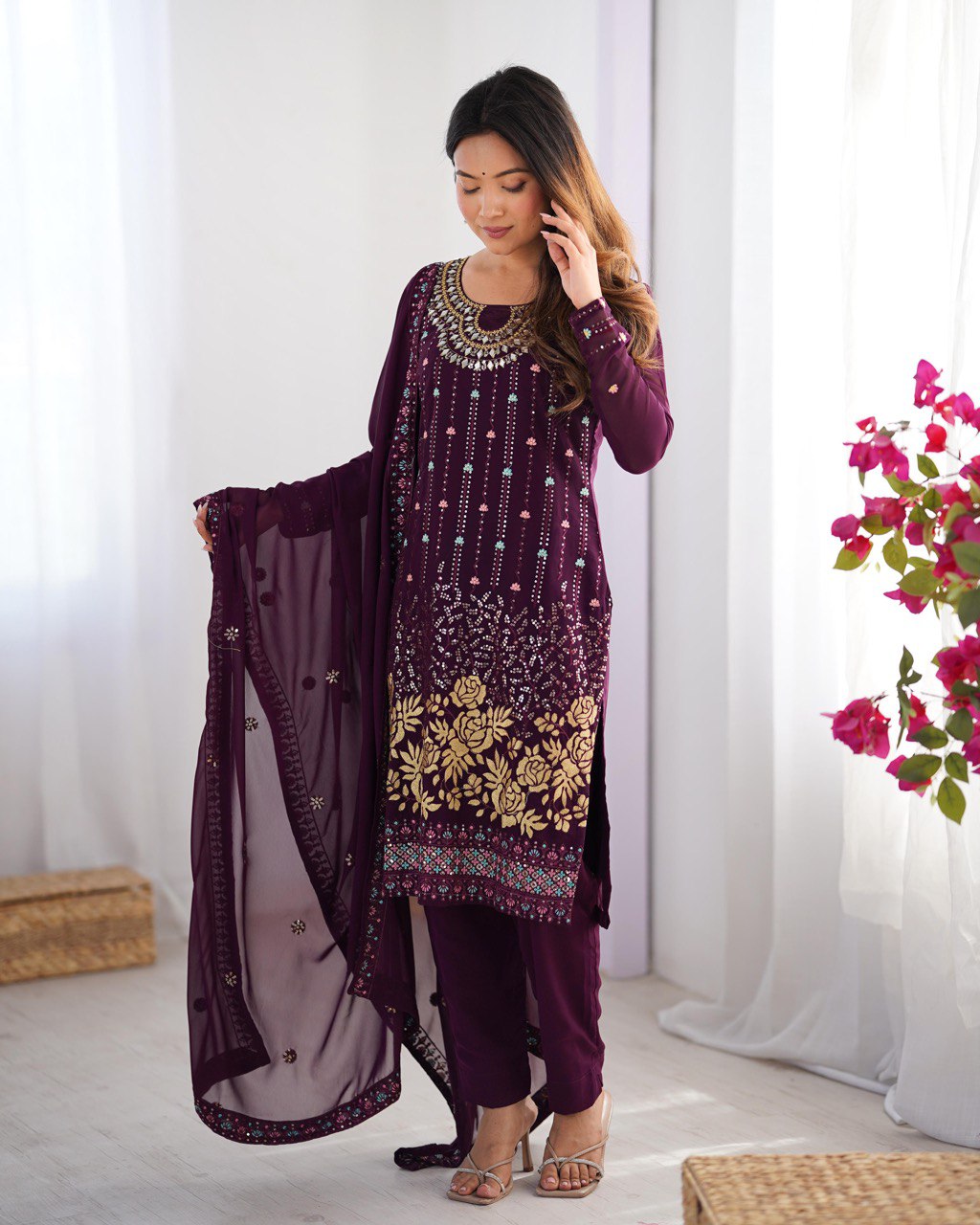 Premium Faux Georgette Top and Pant Set with Thread and Mirror Embroidery with Dupatta - Jaipuri Vastra
