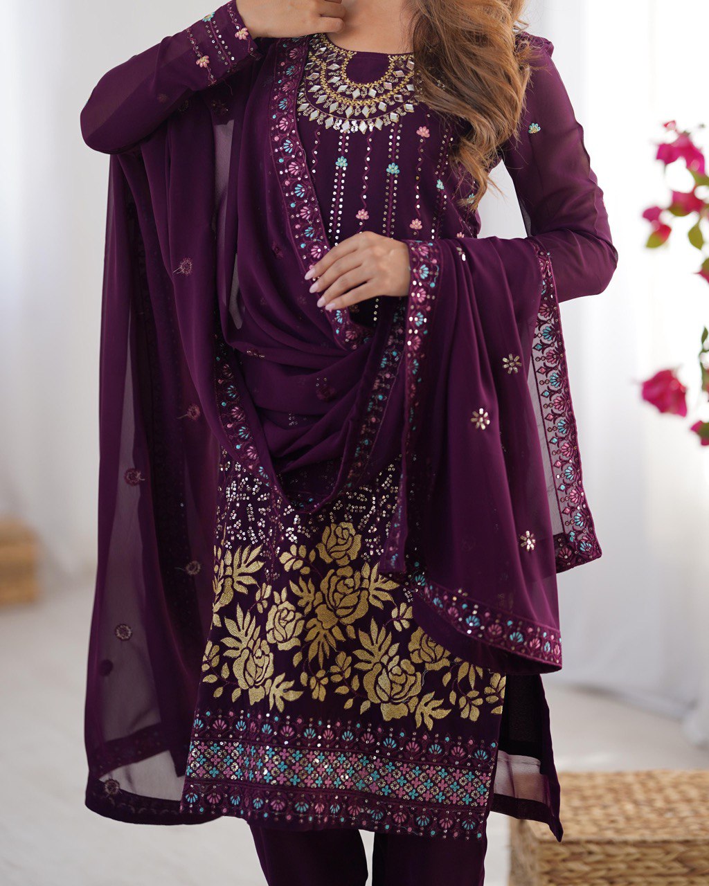 Premium Faux Georgette Top and Pant Set with Thread and Mirror Embroidery with Dupatta - Jaipuri Vastra