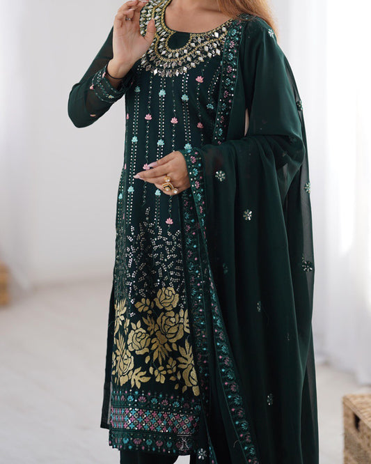 Premium Faux Georgette Top and Pant Set with Thread and Mirror Embroidery with Dupatta - Jaipuri Vastra