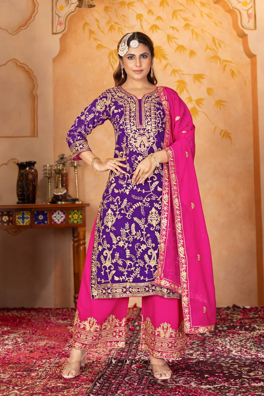 Designer Heavy Faux Georgette Fancy Top with Matching Palazzo Suit Set for Women - Jaipuri Vastra