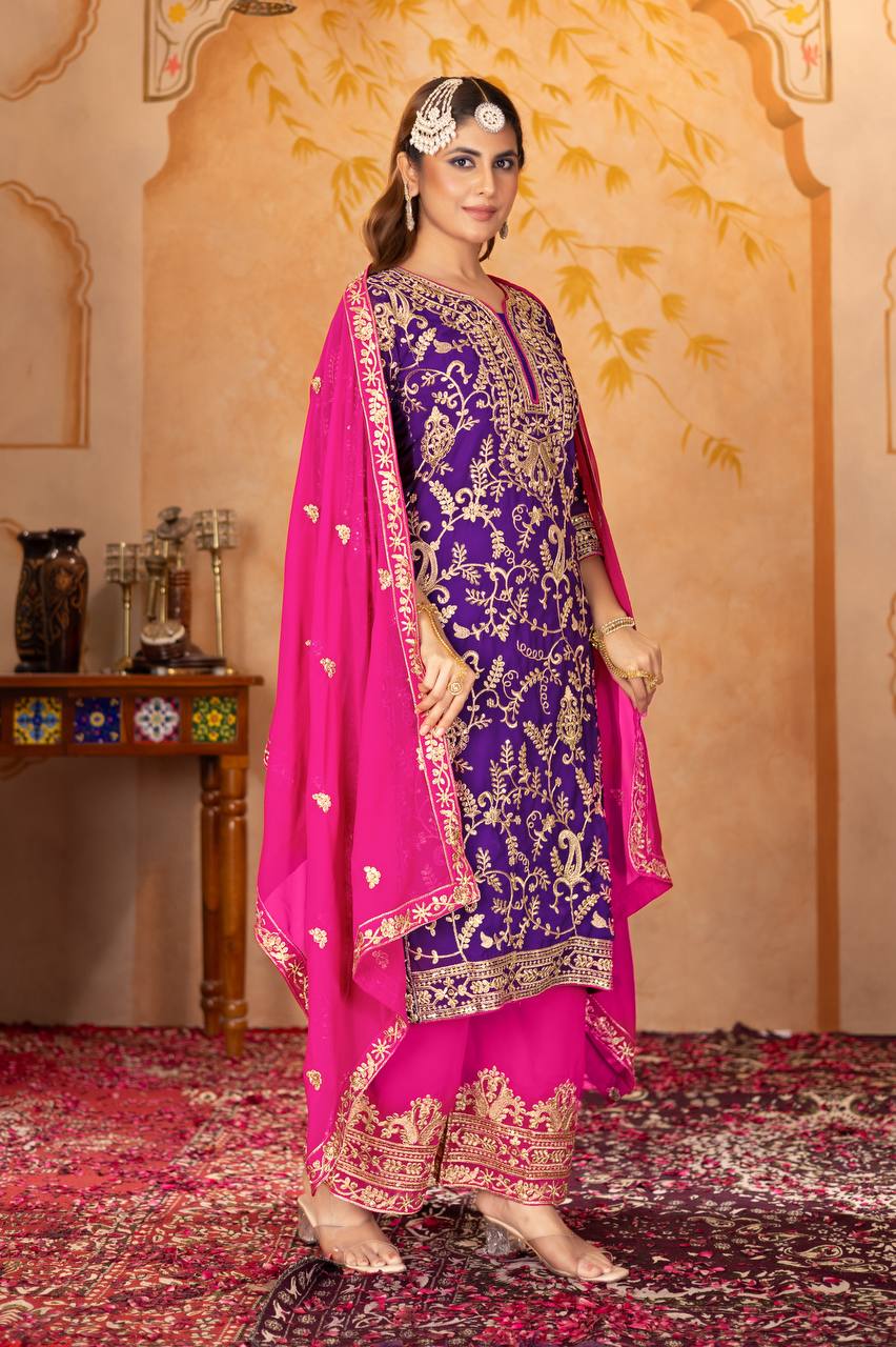 Designer Heavy Faux Georgette Fancy Top with Matching Palazzo Suit Set for Women - Jaipuri Vastra
