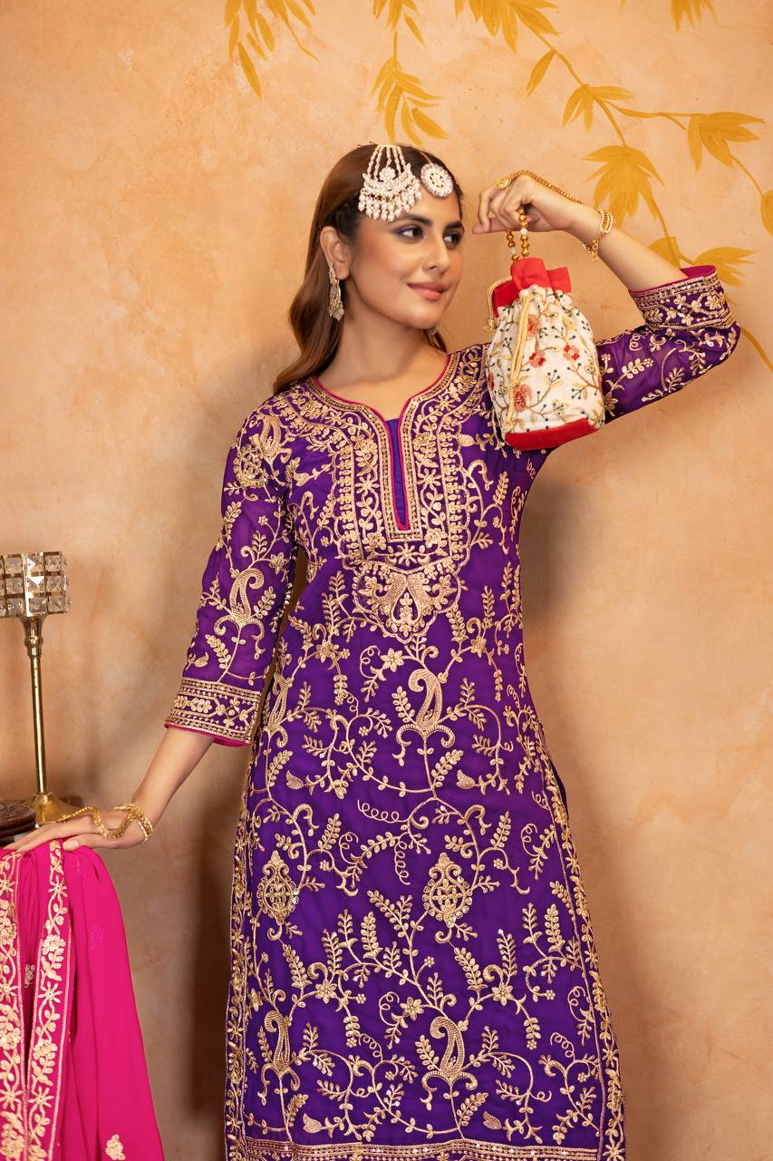 Designer Heavy Faux Georgette Fancy Top with Matching Palazzo Suit Set for Women - Jaipuri Vastra
