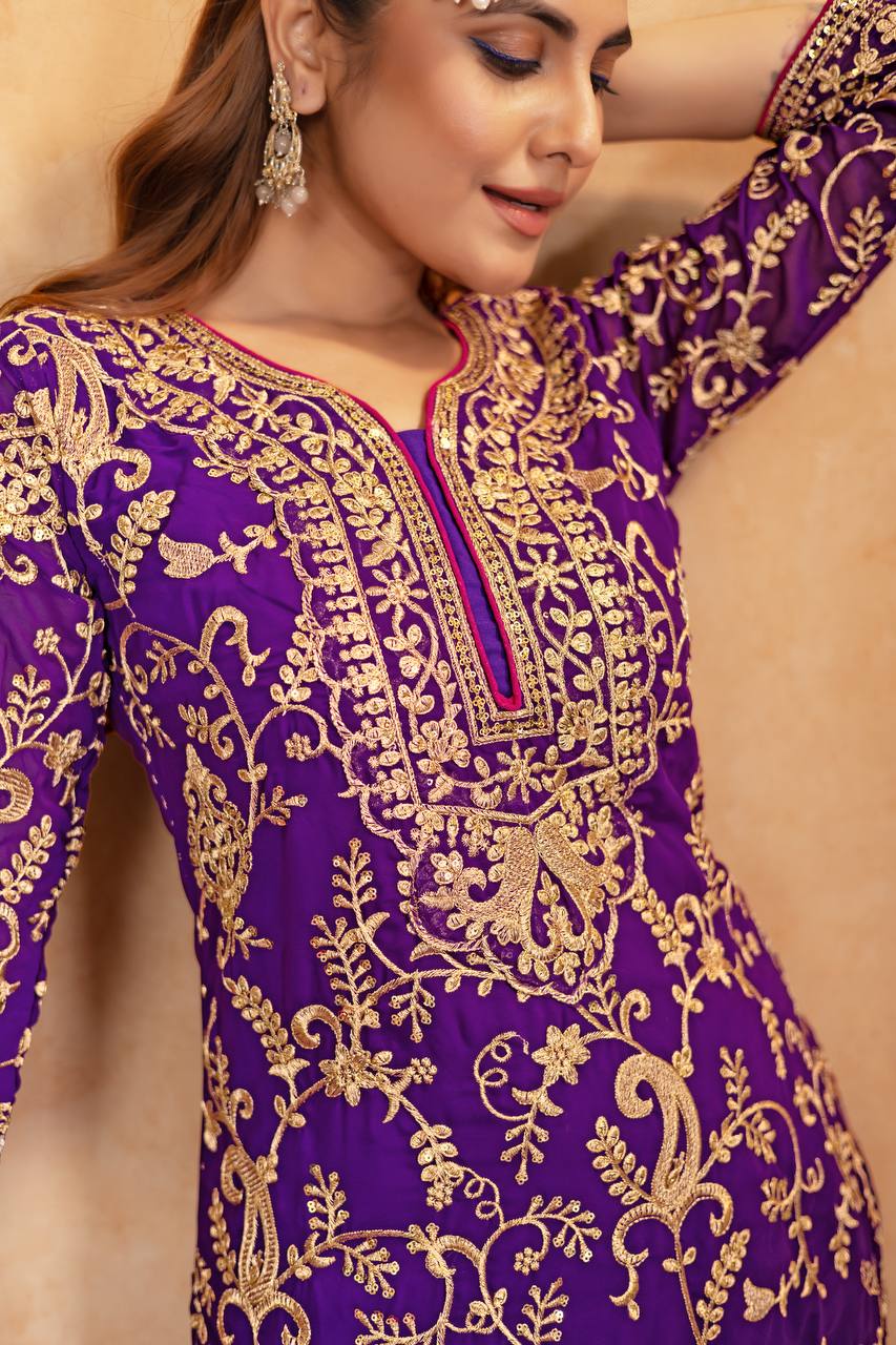 Designer Heavy Faux Georgette Fancy Top with Matching Palazzo Suit Set for Women - Jaipuri Vastra