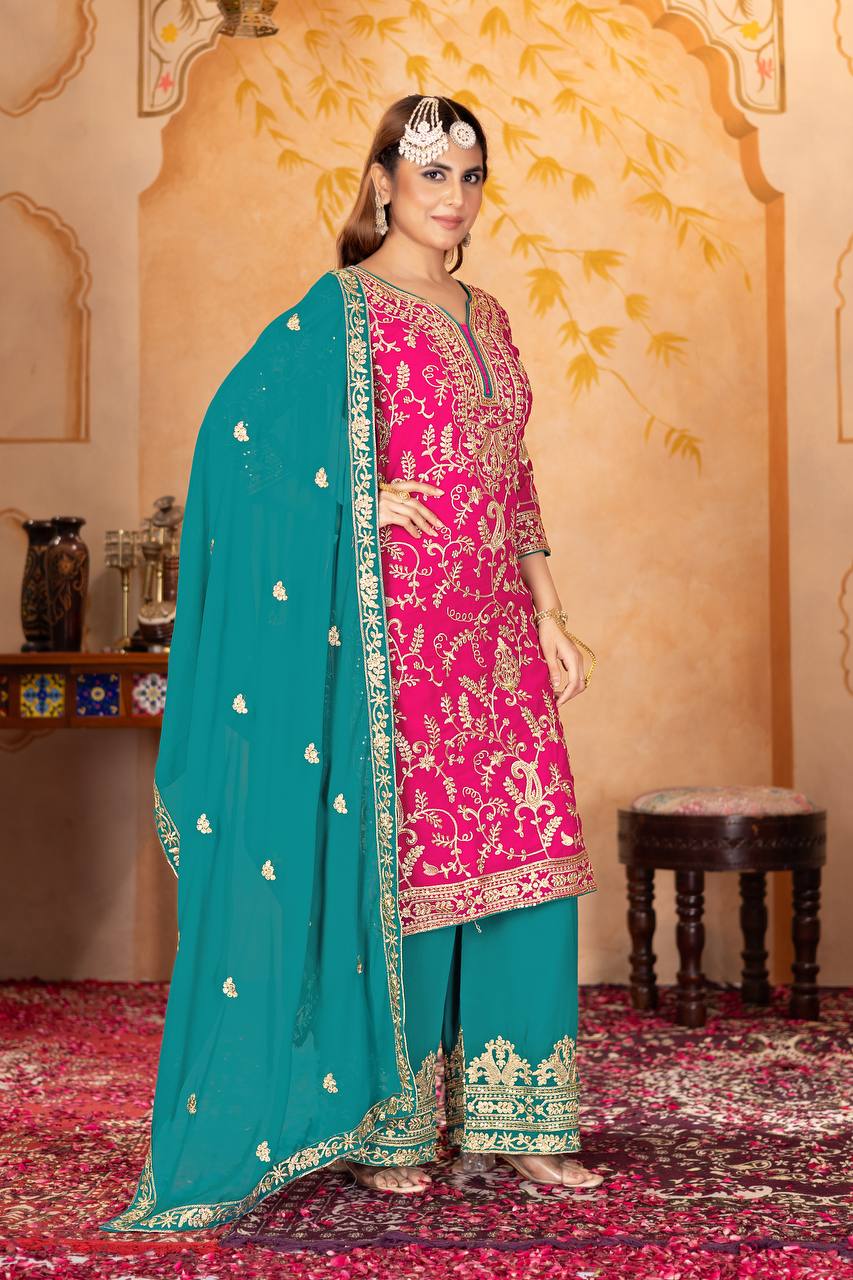 Designer Heavy Faux Georgette Fancy Top with Matching Palazzo Suit Set for Women - Jaipuri Vastra