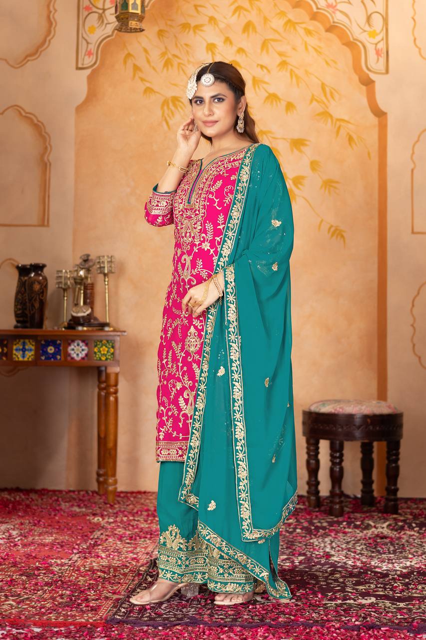 Designer Heavy Faux Georgette Fancy Top with Matching Palazzo Suit Set for Women - Jaipuri Vastra