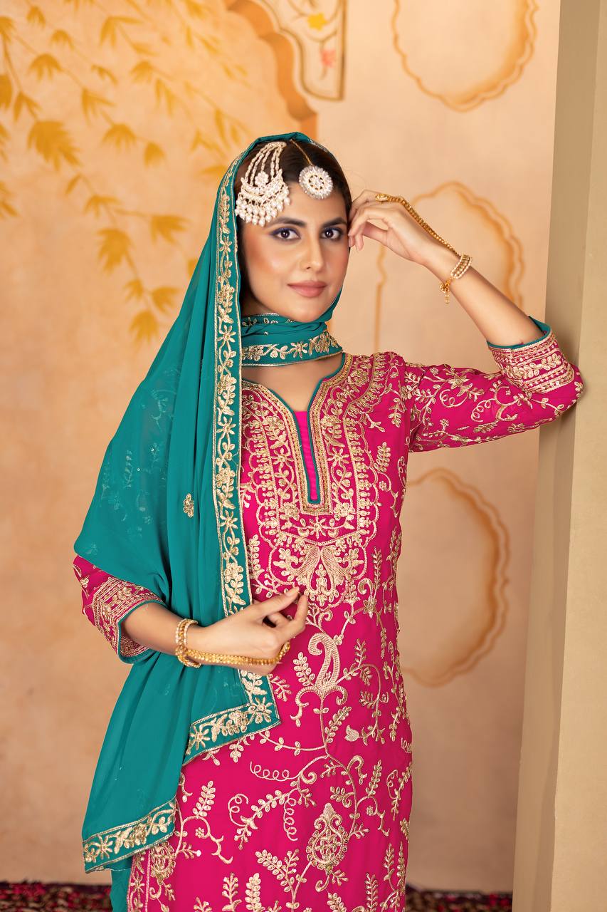 Designer Heavy Faux Georgette Fancy Top with Matching Palazzo Suit Set for Women - Jaipuri Vastra