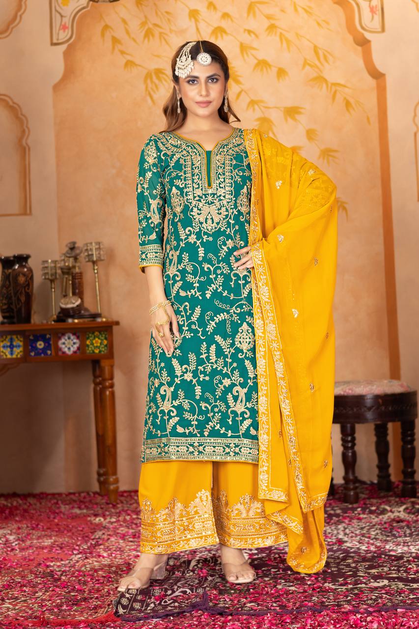 Designer Heavy Faux Georgette Fancy Top with Matching Palazzo Suit Set for Women - Jaipuri Vastra