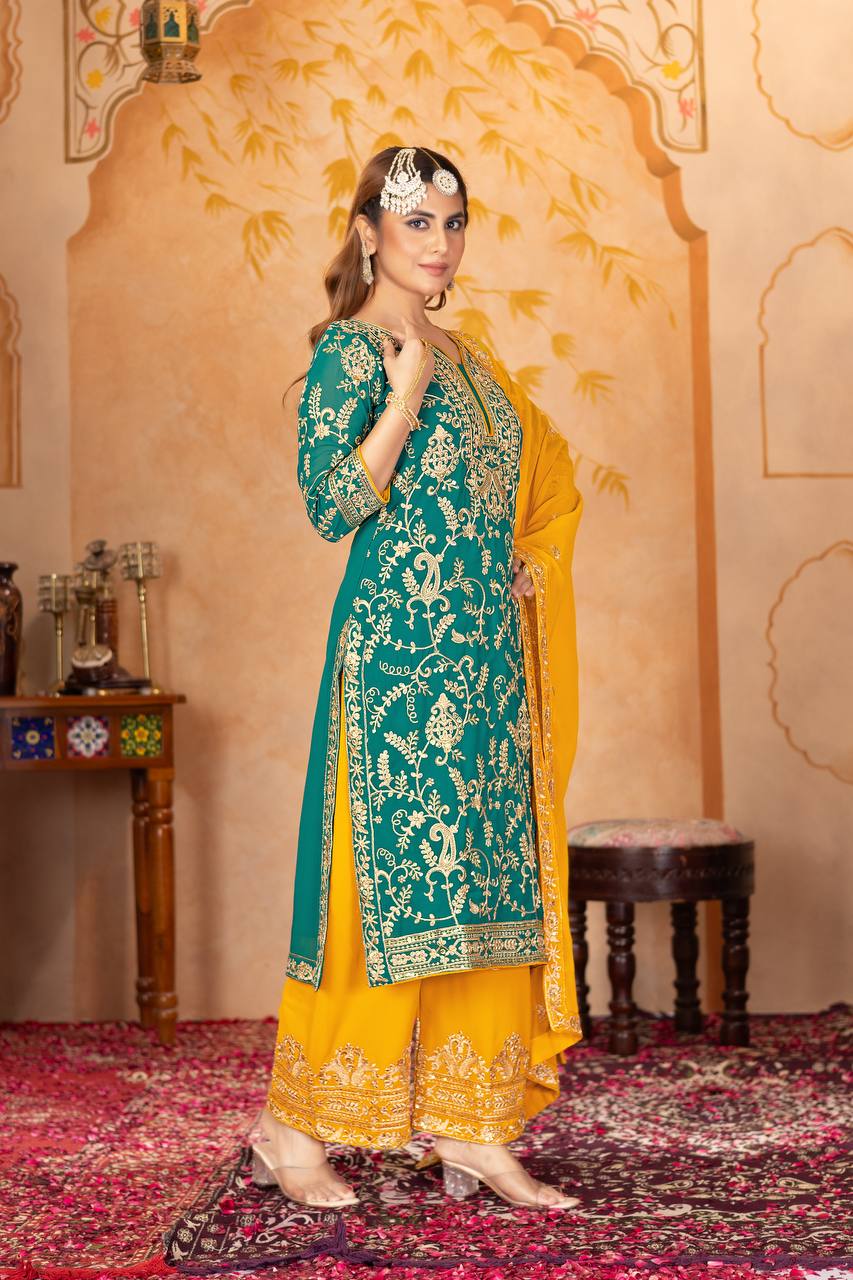 Designer Heavy Faux Georgette Fancy Top with Matching Palazzo Suit Set for Women - Jaipuri Vastra