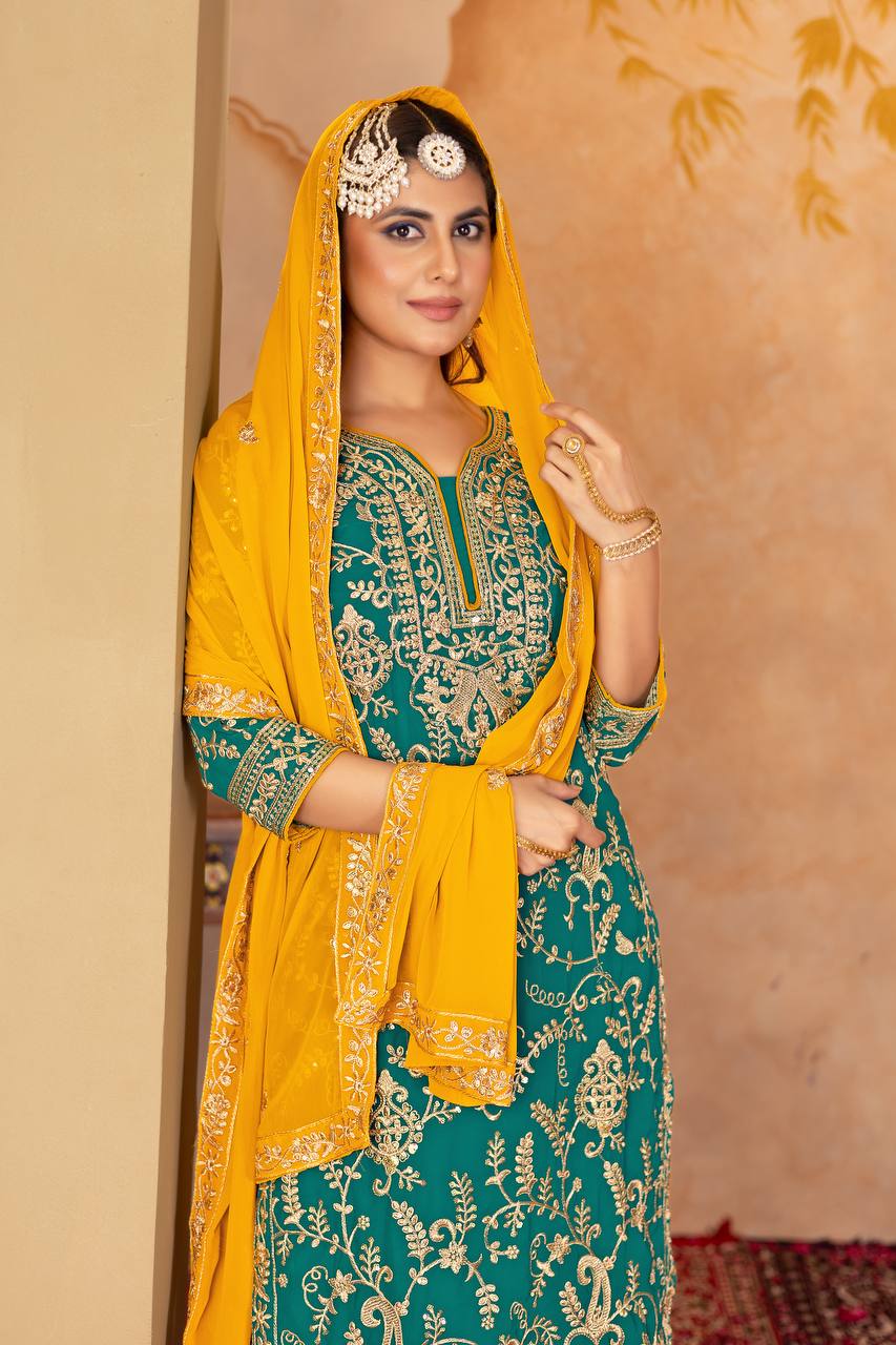 Designer Heavy Faux Georgette Fancy Top with Matching Palazzo Suit Set for Women - Jaipuri Vastra