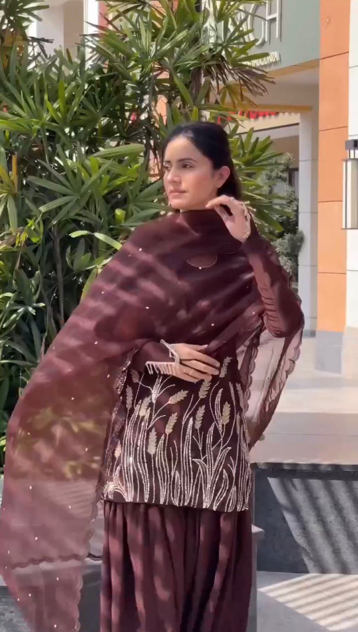 Designer Faux Georgette Top with Sequin Thread Work, Farshi Suit, and Organza Silk Dupatta with Four-Side Lace Border and Rivet Moti