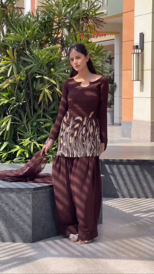 Designer Faux Georgette Top with Sequin Thread Work, Farshi Suit, and Organza Silk Dupatta with Four-Side Lace Border and Rivet Moti