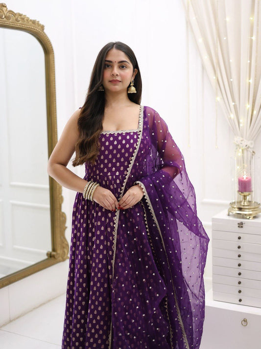 Purple Jequard Silk Top with Weaving and Lace Border, Paired with Pant and Dupatta Set