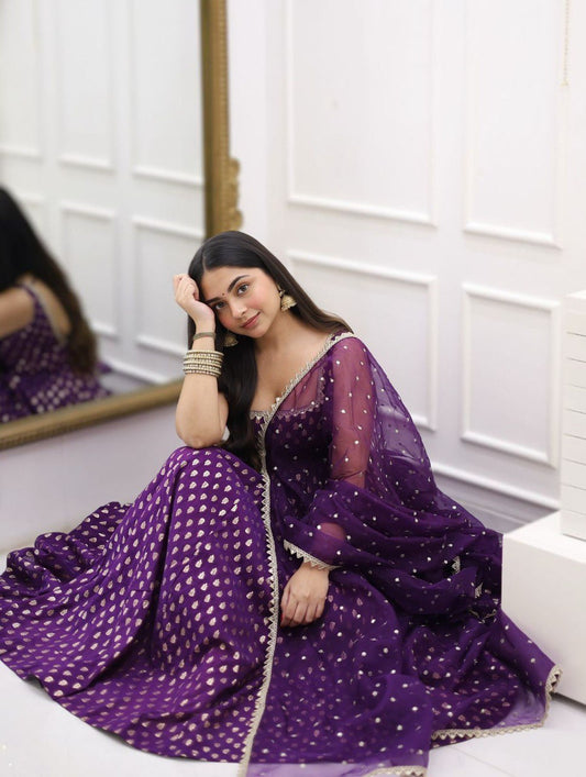 Purple Jequard Silk Top with Weaving and Lace Border, Paired with Pant and Dupatta Set