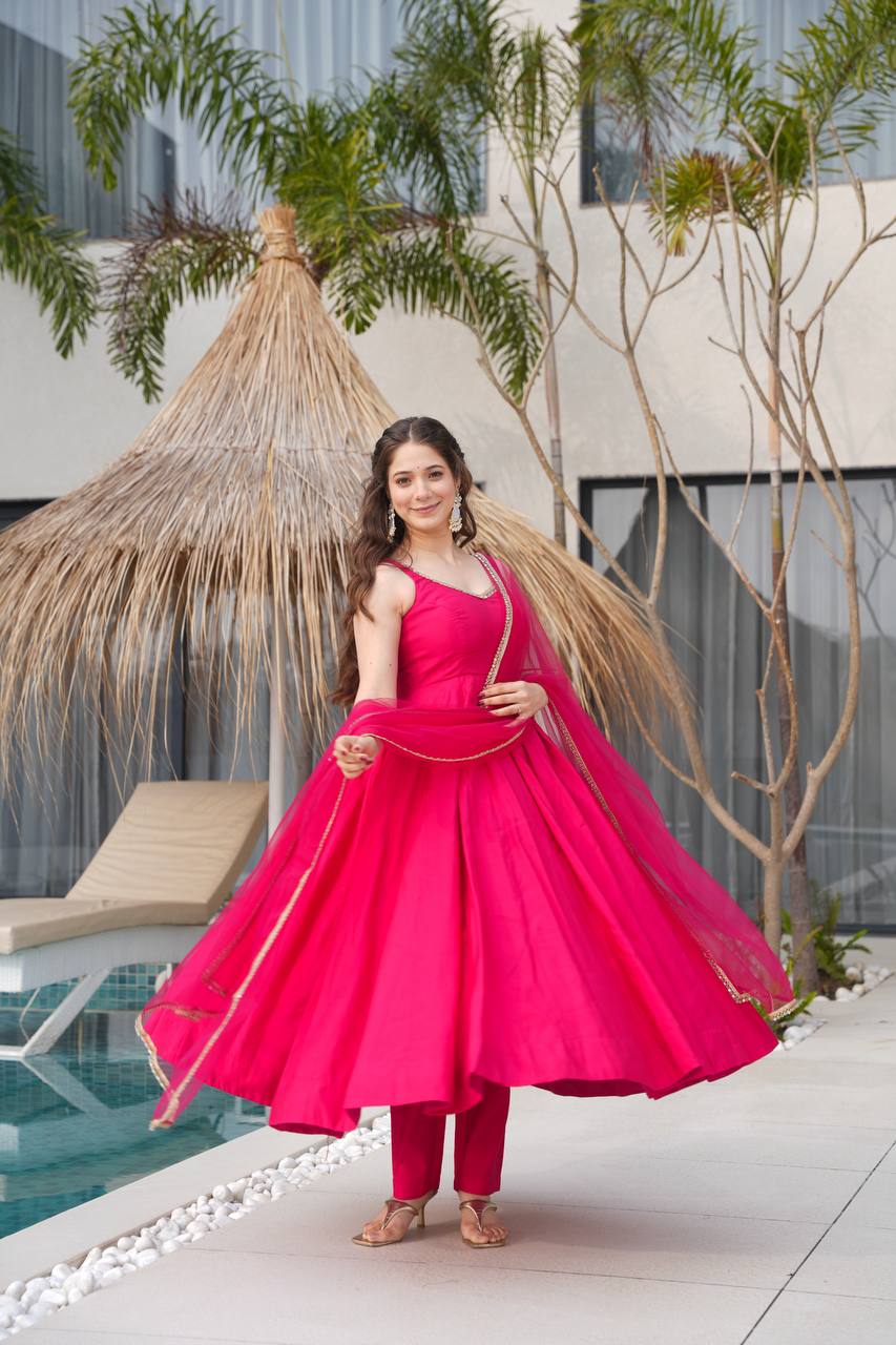 Stylish Full-Flare Chanderi Anarkali with Attached Sleeves, Padding and Pant Set – Dark Pink - Jaipuri Vastra