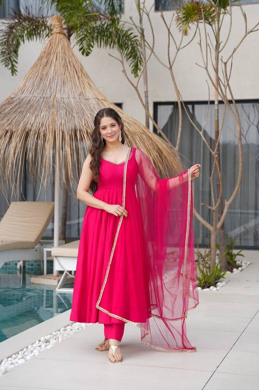Stylish Full-Flare Chanderi Anarkali with Attached Sleeves, Padding and Pant Set β Dark Pink - Jaipuri Vastra