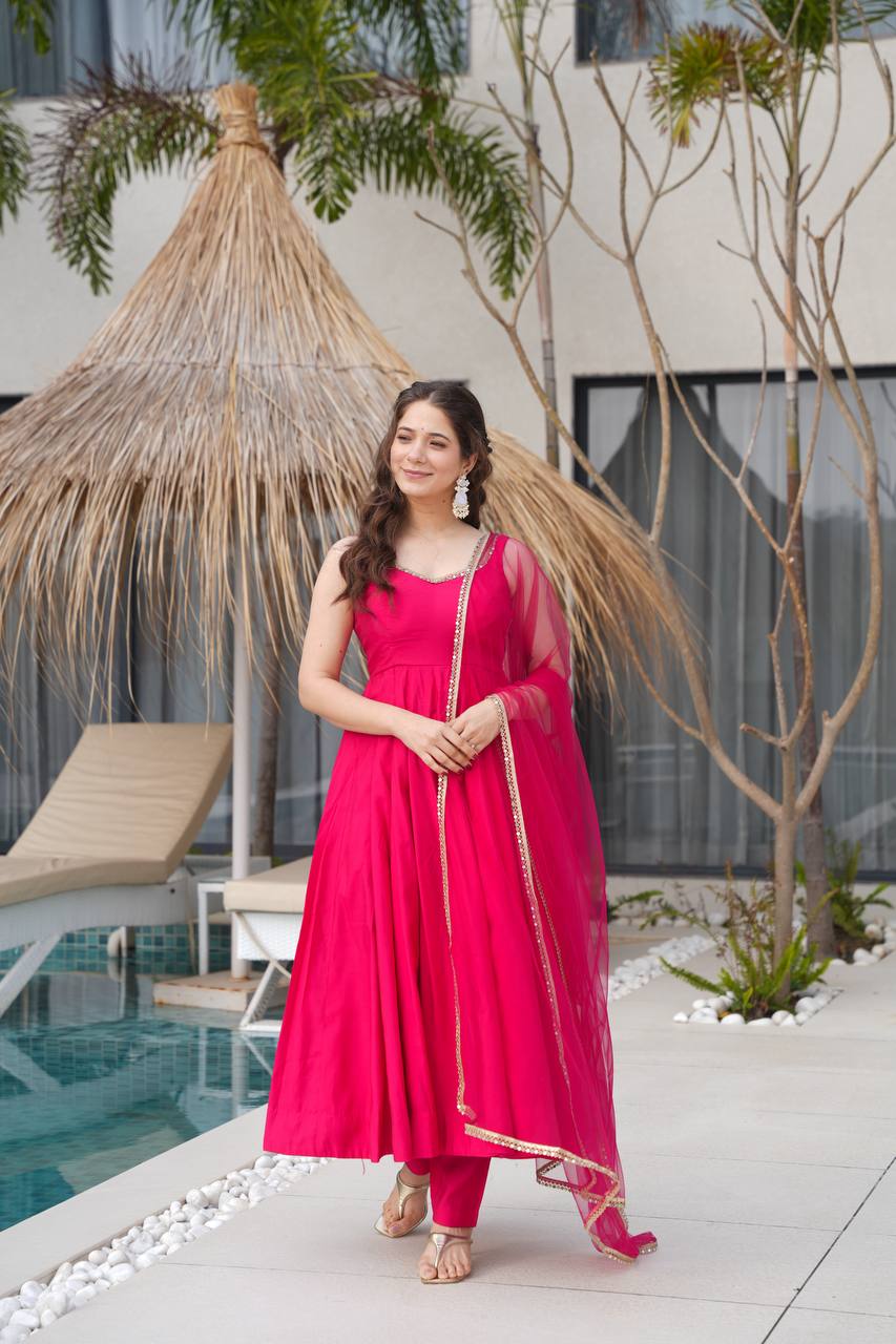Stylish Full-Flare Chanderi Anarkali with Attached Sleeves, Padding and Pant Set – Dark Pink - Jaipuri Vastra