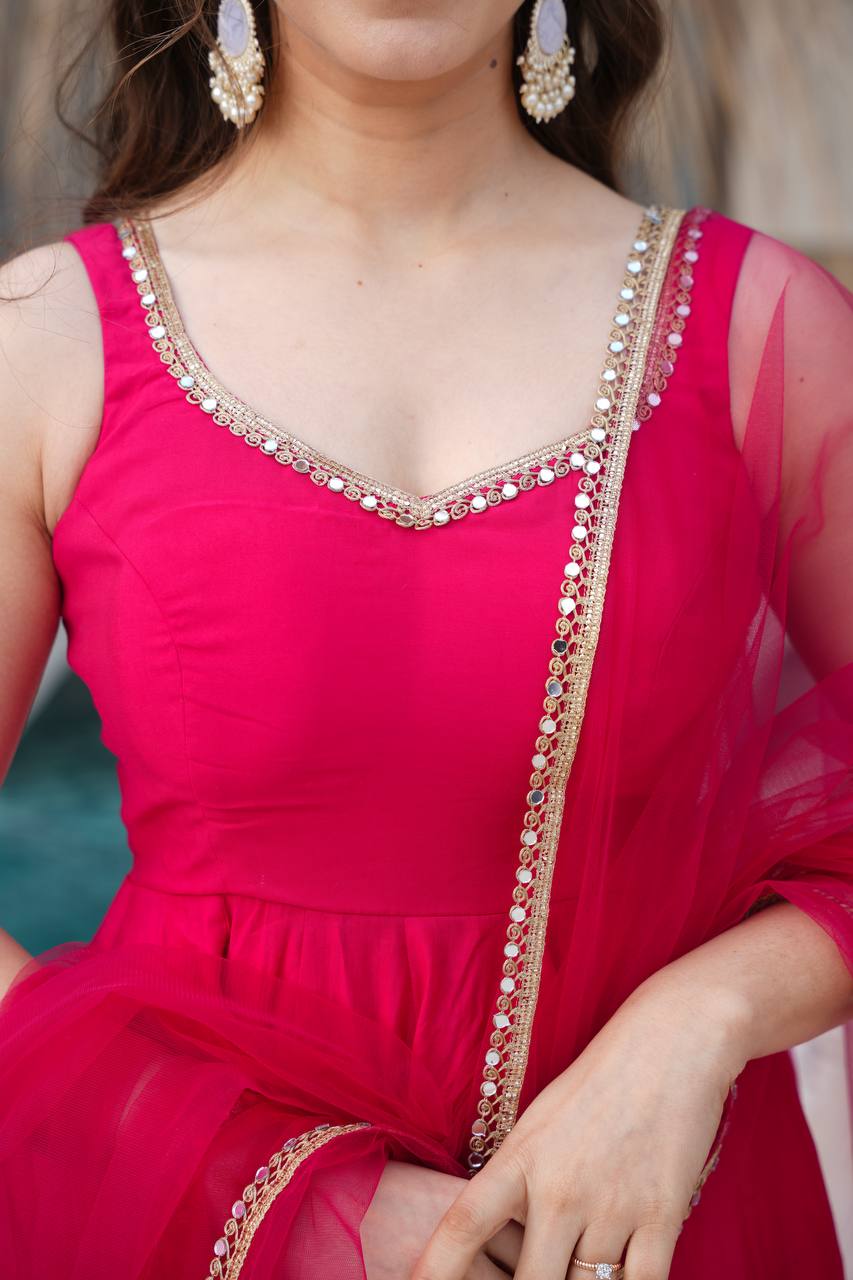 Stylish Full-Flare Chanderi Anarkali with Attached Sleeves, Padding and Pant Set – Dark Pink - Jaipuri Vastra