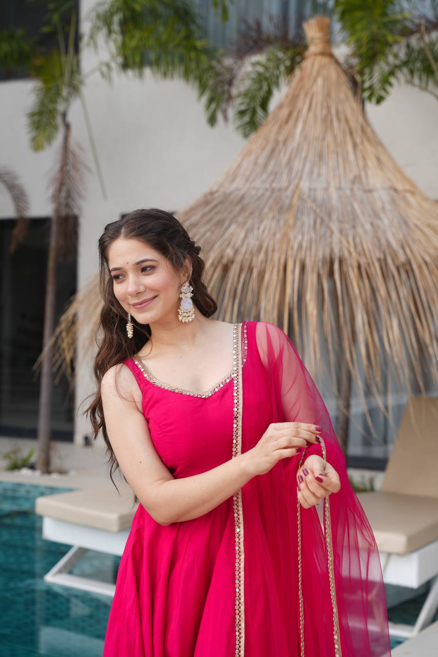 Stylish Full-Flare Chanderi Anarkali with Attached Sleeves, Padding and Pant Set – Dark Pink - Jaipuri Vastra