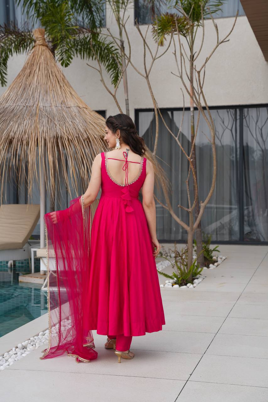 Stylish Full-Flare Chanderi Anarkali with Attached Sleeves, Padding and Pant Set – Dark Pink - Jaipuri Vastra