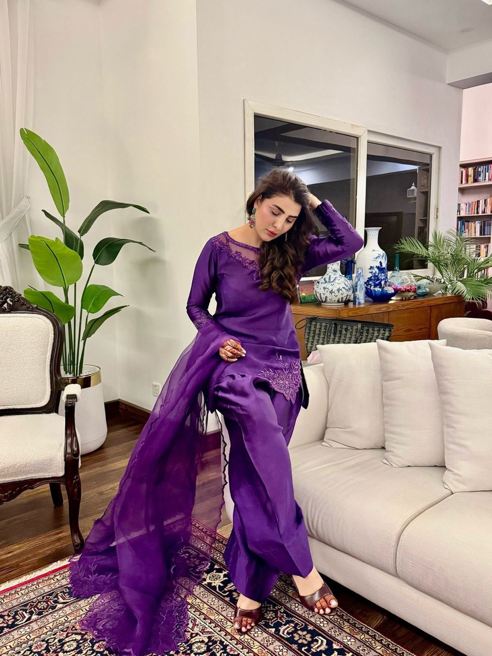 Designer Natural Crepe Top with Beaded Thread Detailing, Matched with Farshi Salwar and Butterfly Net Dupatta with Cutwork Lace