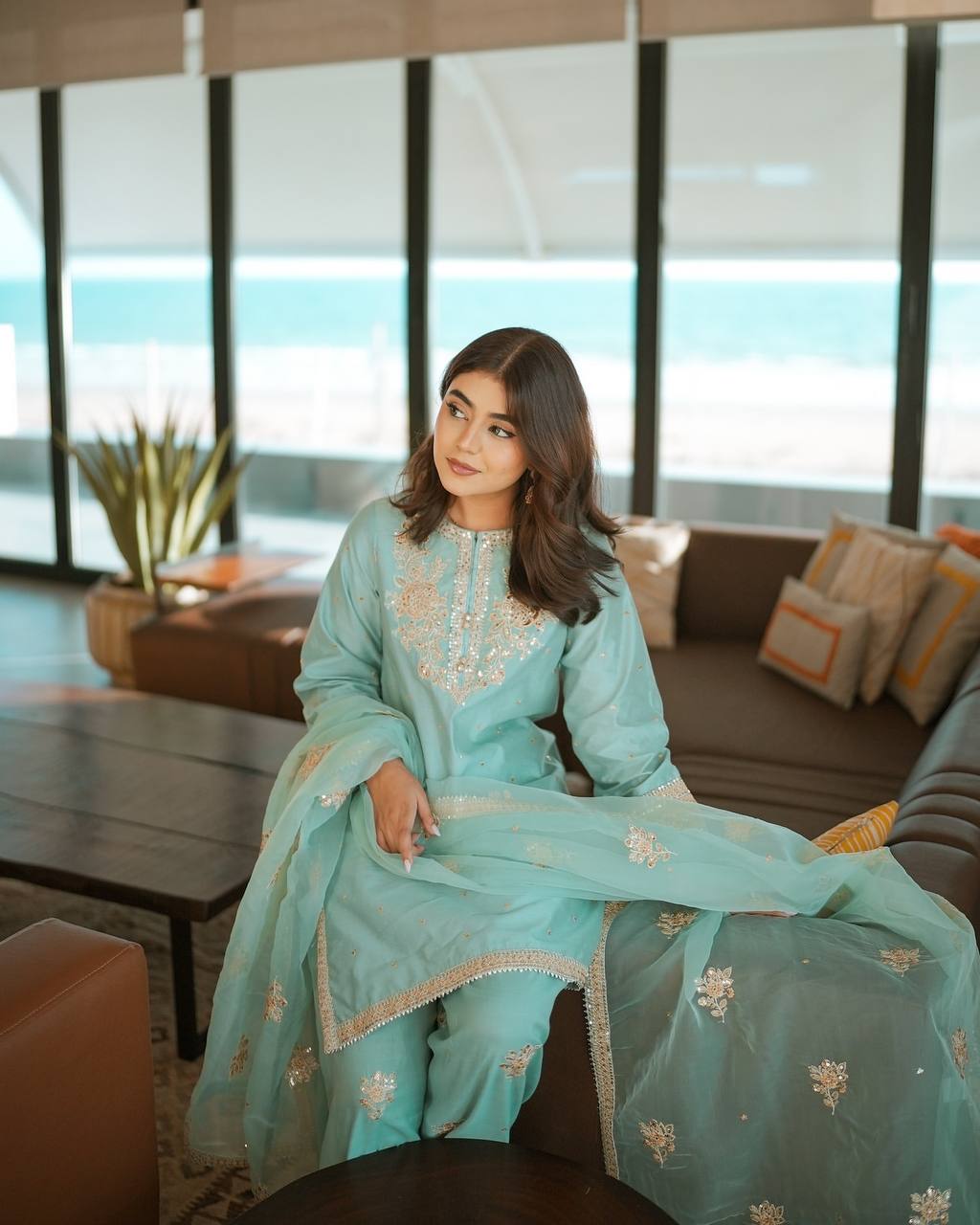 New Designer Collection in Chinnon Silk with Embroidered Top Bottom and Dupatta Set