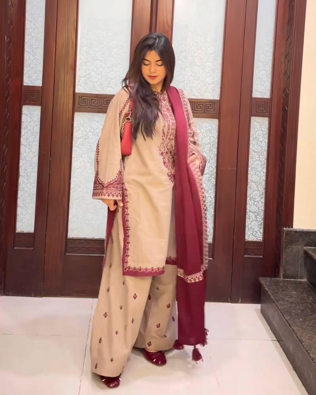 Fully Stitched Ready to Wear Faux Georgette Ensemble with Embroidery Beads and Full Sleeves