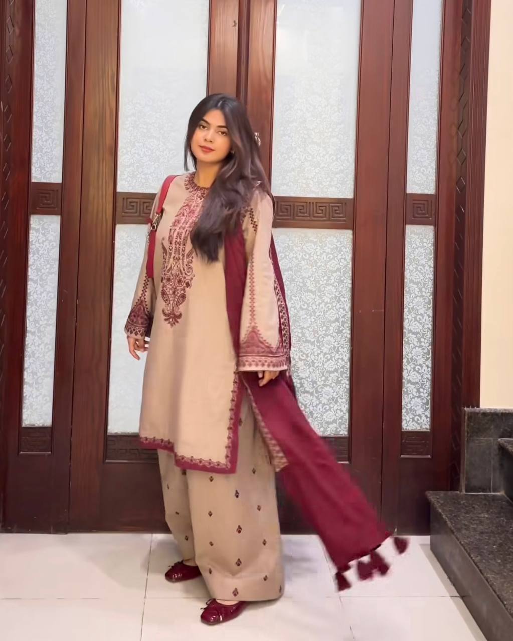 Fully Stitched Ready to Wear Faux Georgette Ensemble with Embroidery Beads and Full Sleeves