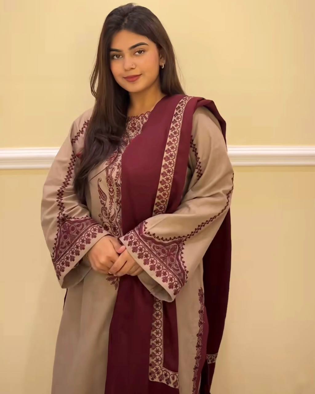 Fully Stitched Ready to Wear Faux Georgette Ensemble with Embroidery Beads and Full Sleeves