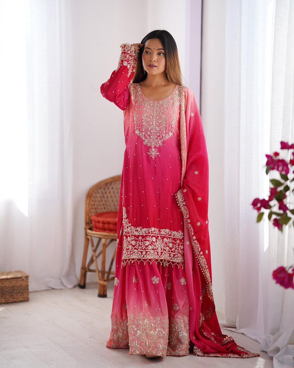 Elegant Chinon Silk Top with Coding Dori Sequin and Rivet Moti Work Plazzo Suit - Jaipuri Vastra