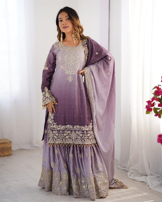 Elegant Chinon Silk Top with Coding Dori Sequin and Rivet Moti Work Plazzo Suit - Jaipuri Vastra