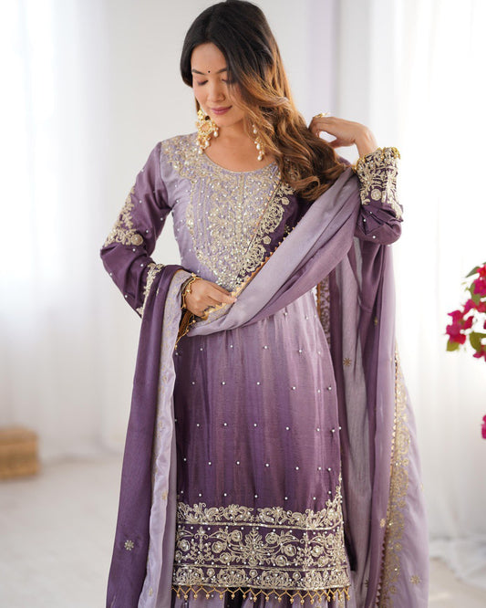 Elegant Chinon Silk Top with Coding Dori Sequin and Rivet Moti Work Plazzo Suit - Jaipuri Vastra